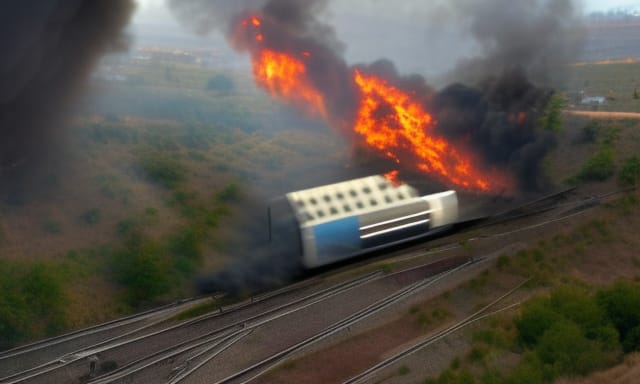 A flaming rail car laying on it's side.